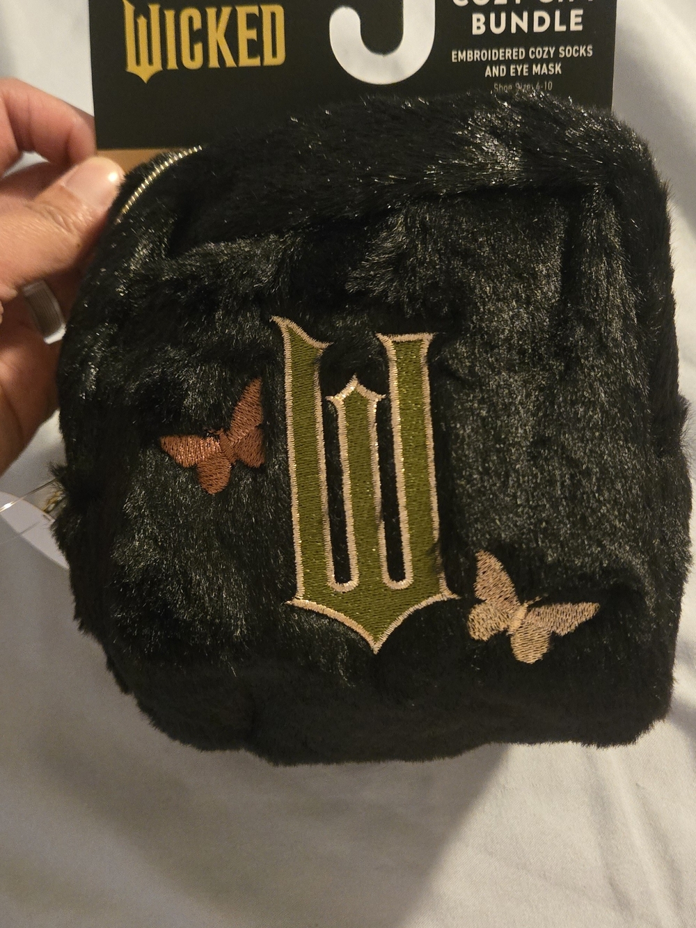 Black Faux Fur Cosmetic Pouch with Embroidered Detail